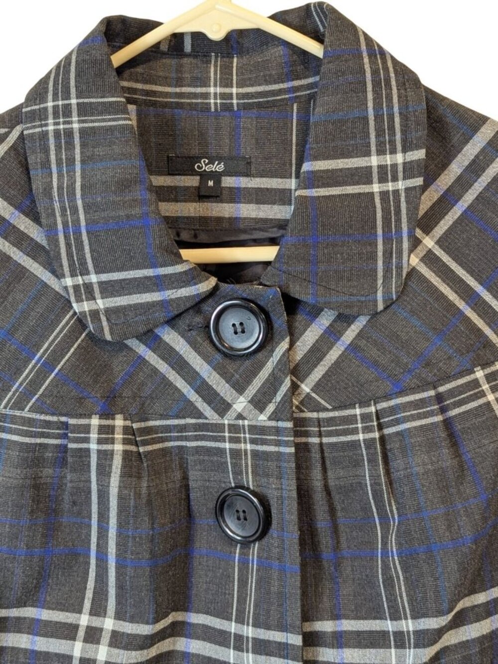Sele M Charcoal Plaid Cropped Jacket Swing 3 Button 3/4 Sleeve Vintage Preppy - Picture 3 of 15